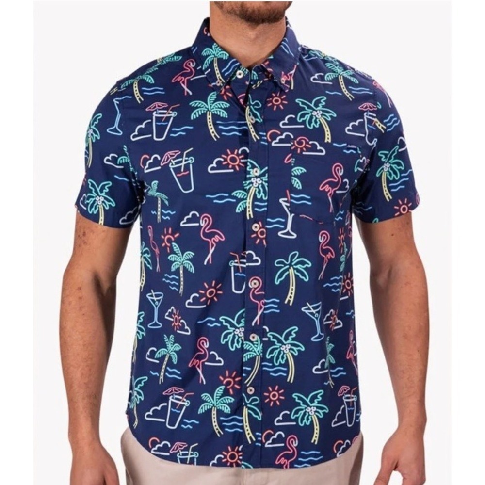 Chubbies Mens Large Neon Flamingo Palm Tropical Short Sleeve Button Down Shirt